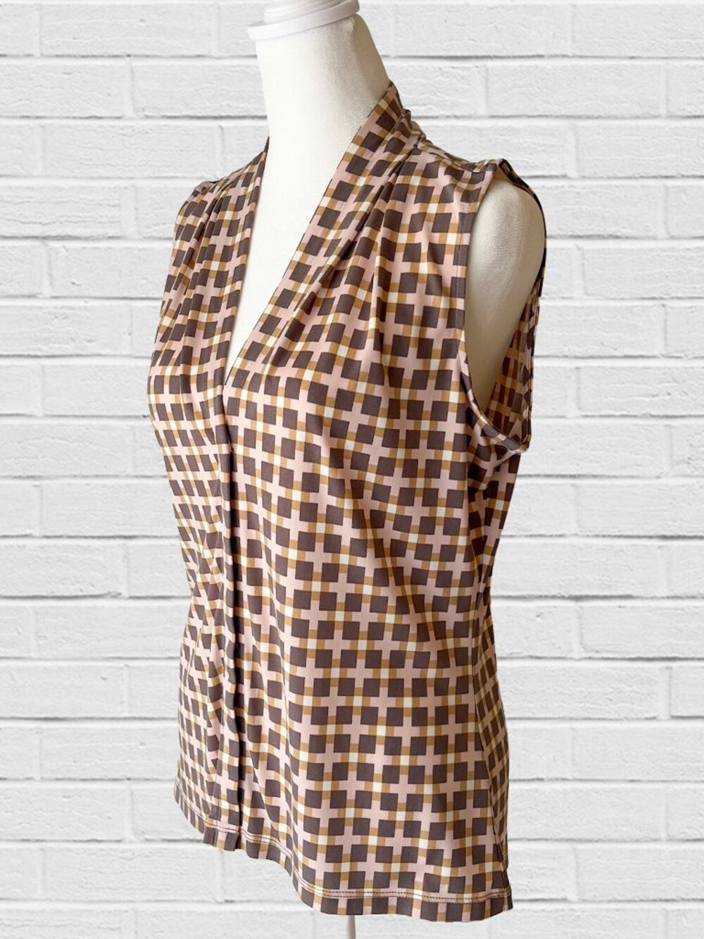 blush pink, camel and grey check sleeveless blouse